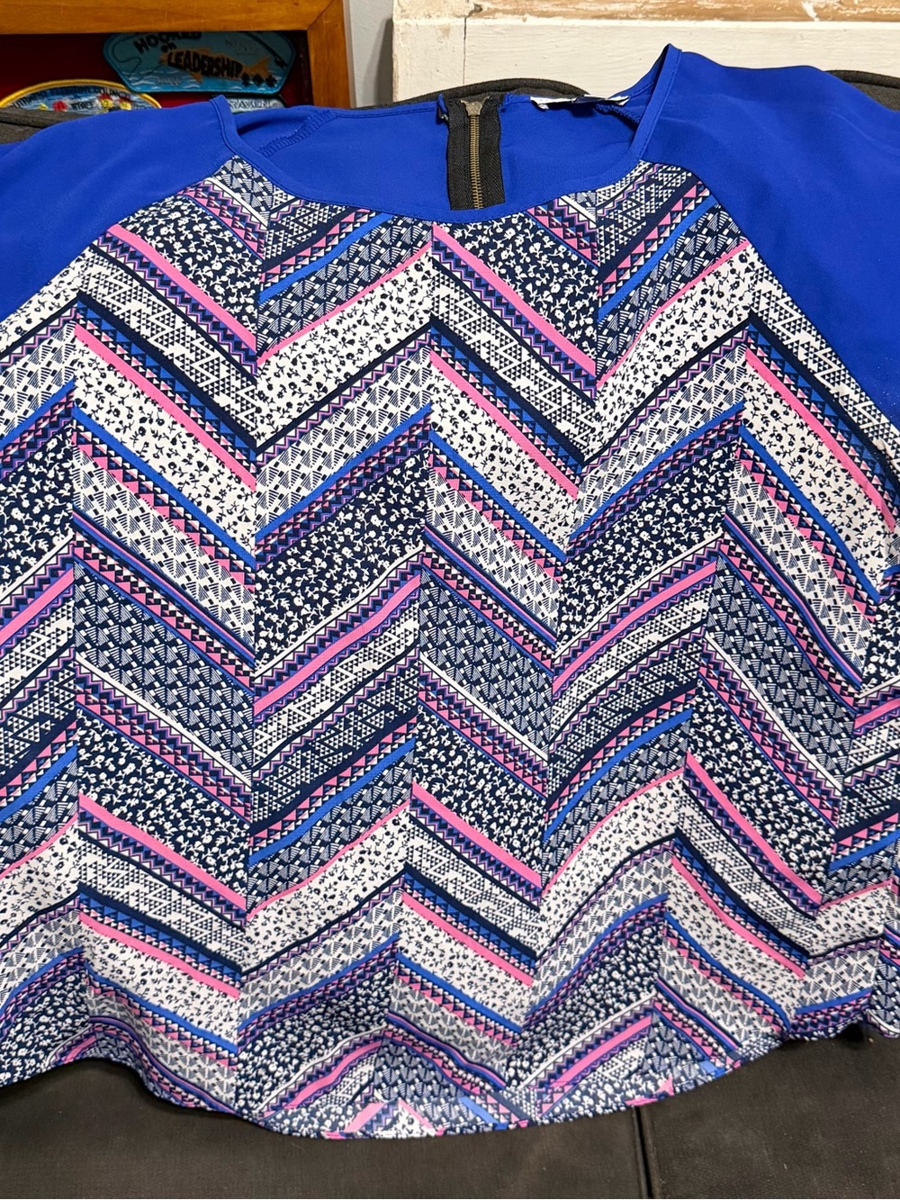 Womens Blue Patterned Chevron Blouse